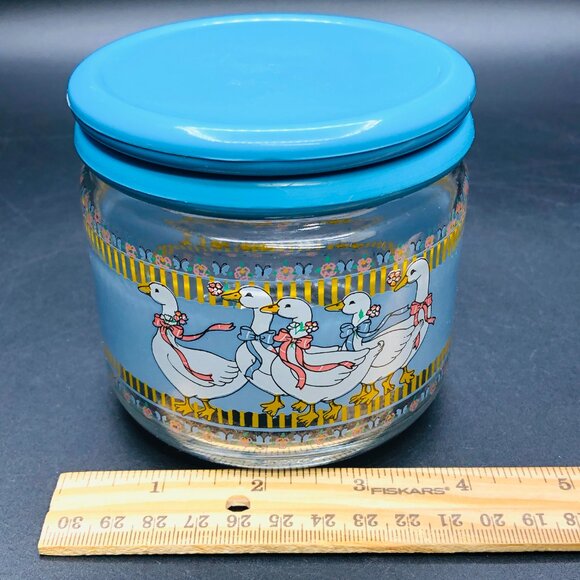 80s Country Mother Goose Ribbon Bow Glass Jar Blue Plastic Lid Vintage Canister - Picture 10 of 12
